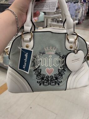 Juicy Couture White & Light Gray Embroidered Heart Satchel